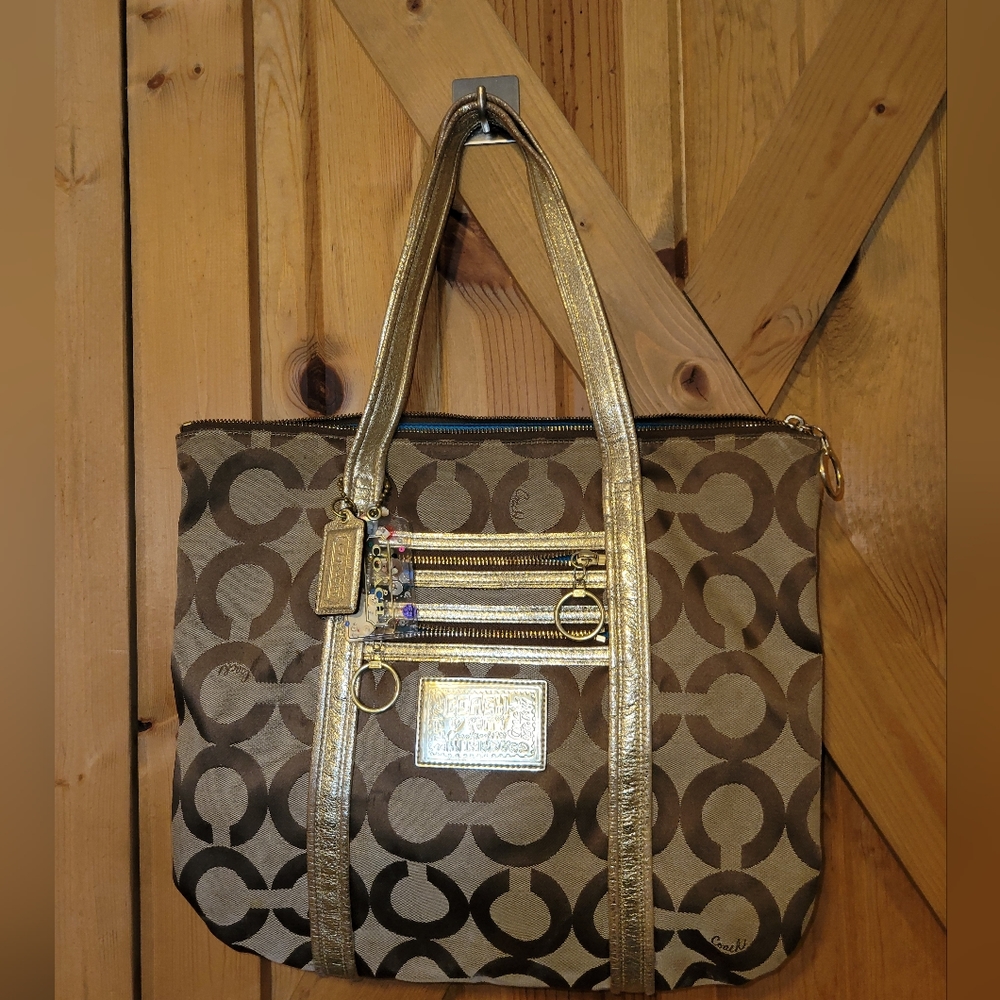 Coach  Poppy Signature Op Art Glam Khaki/Gold Tote Bag